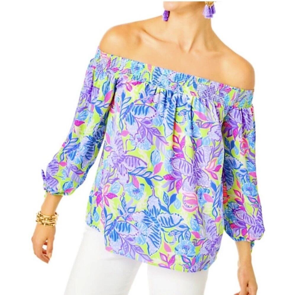 Lilly Pulitzer Maryellen Top Women's Small Peasant Blouse Smocked Off Shoulder